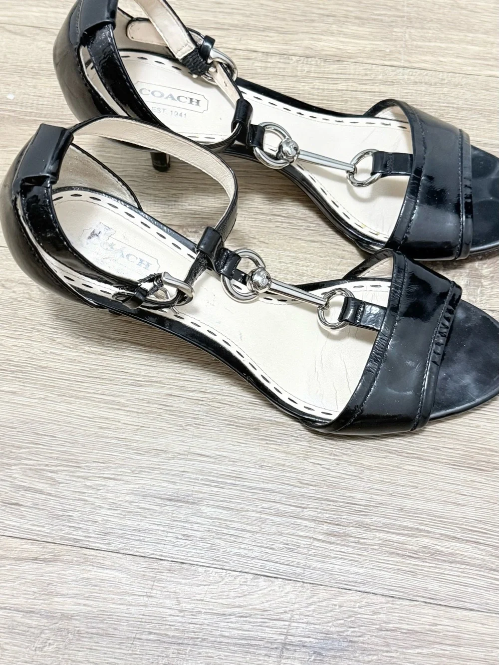 Coach Black Patent Leather T-Strap Heeled Sandals with Silver Hardware